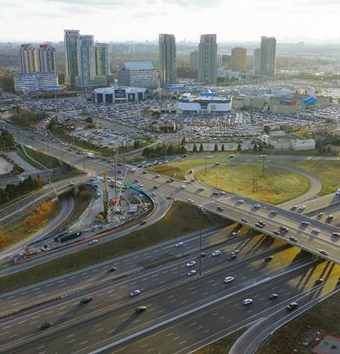 Major highway interchange and surrounding roads showing clear access routes and nearby parking