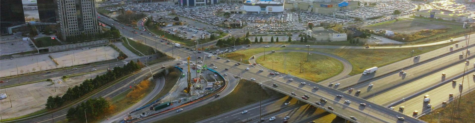 Major highway interchange and surrounding roads showing clear access routes and nearby parking